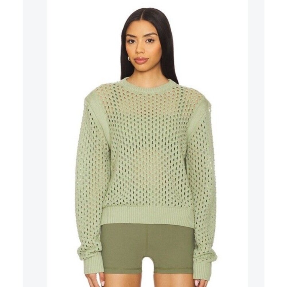 Varley Hains Knit Sweater L Cotton Snow Sage Green Mesh Open Knit Zip Side